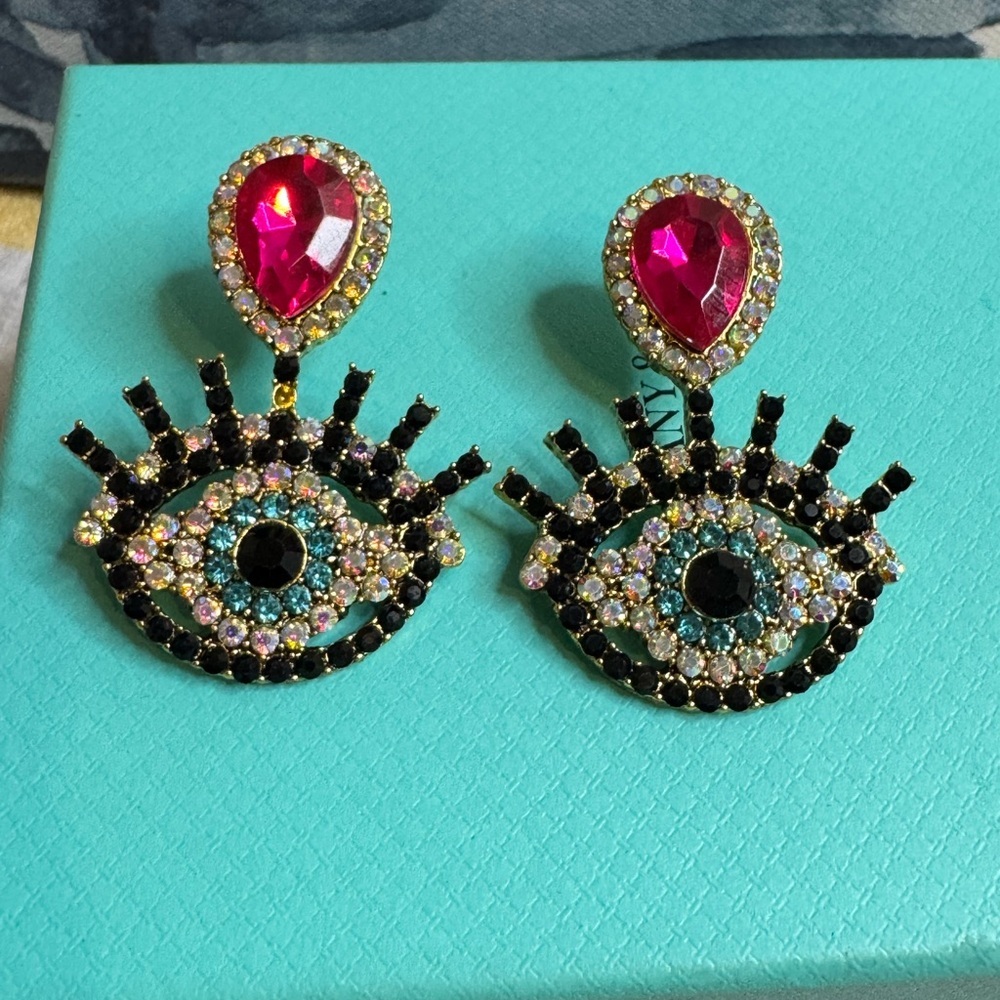 Elegant Pink and Black Evil Eye Earrings